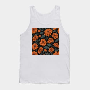 Orange Zinnia Flower Pattern on Black Tank Top